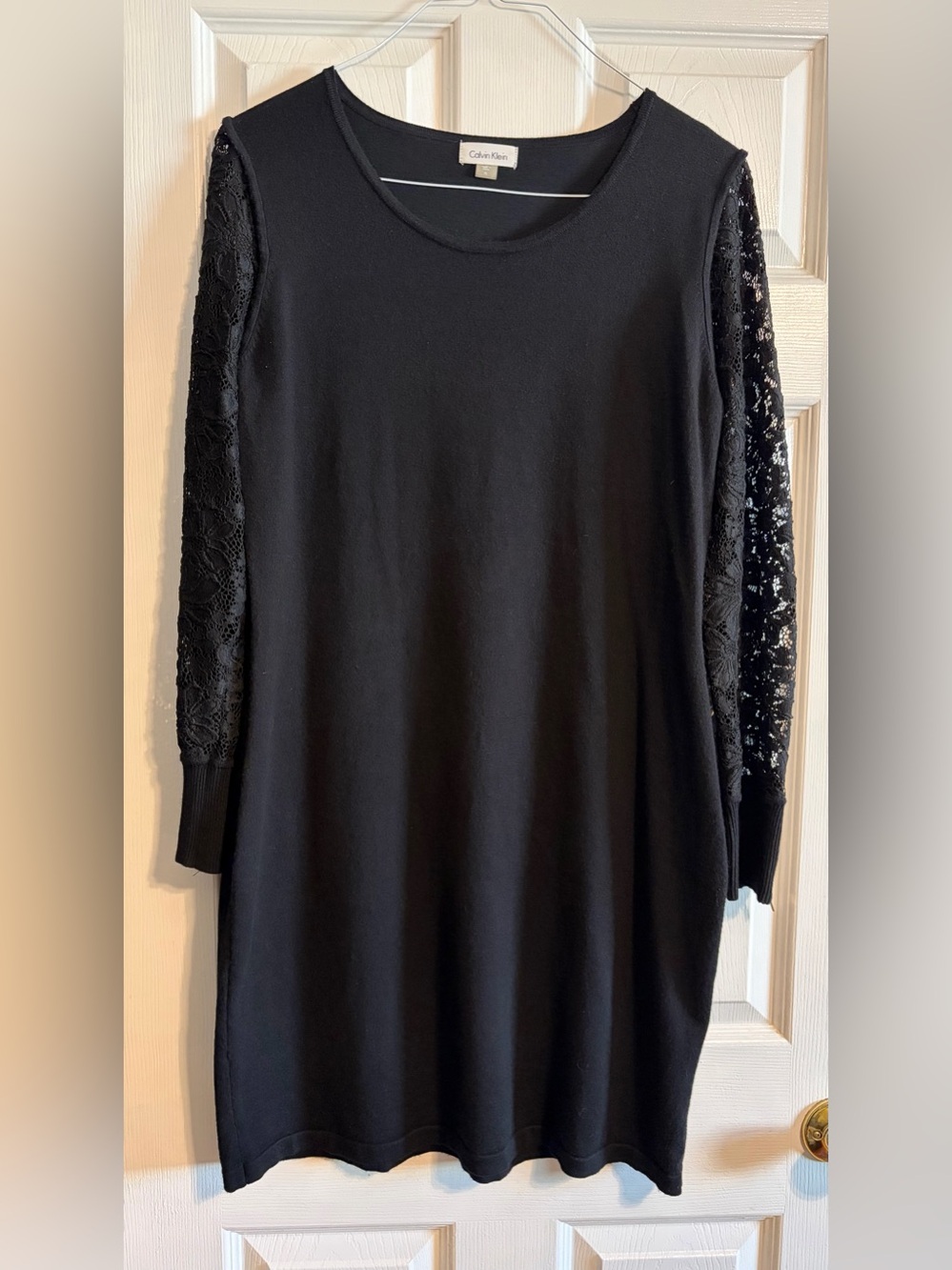 Calvin Klein Black Lace Sleeve Sweater Dress Womens XL Fine Knit Minimalist